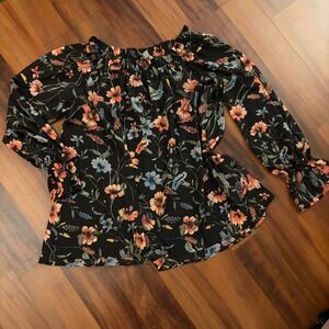 Belle Sky Black Floral Off Shoulder Long Sleeve Blouse Top Women's Size L